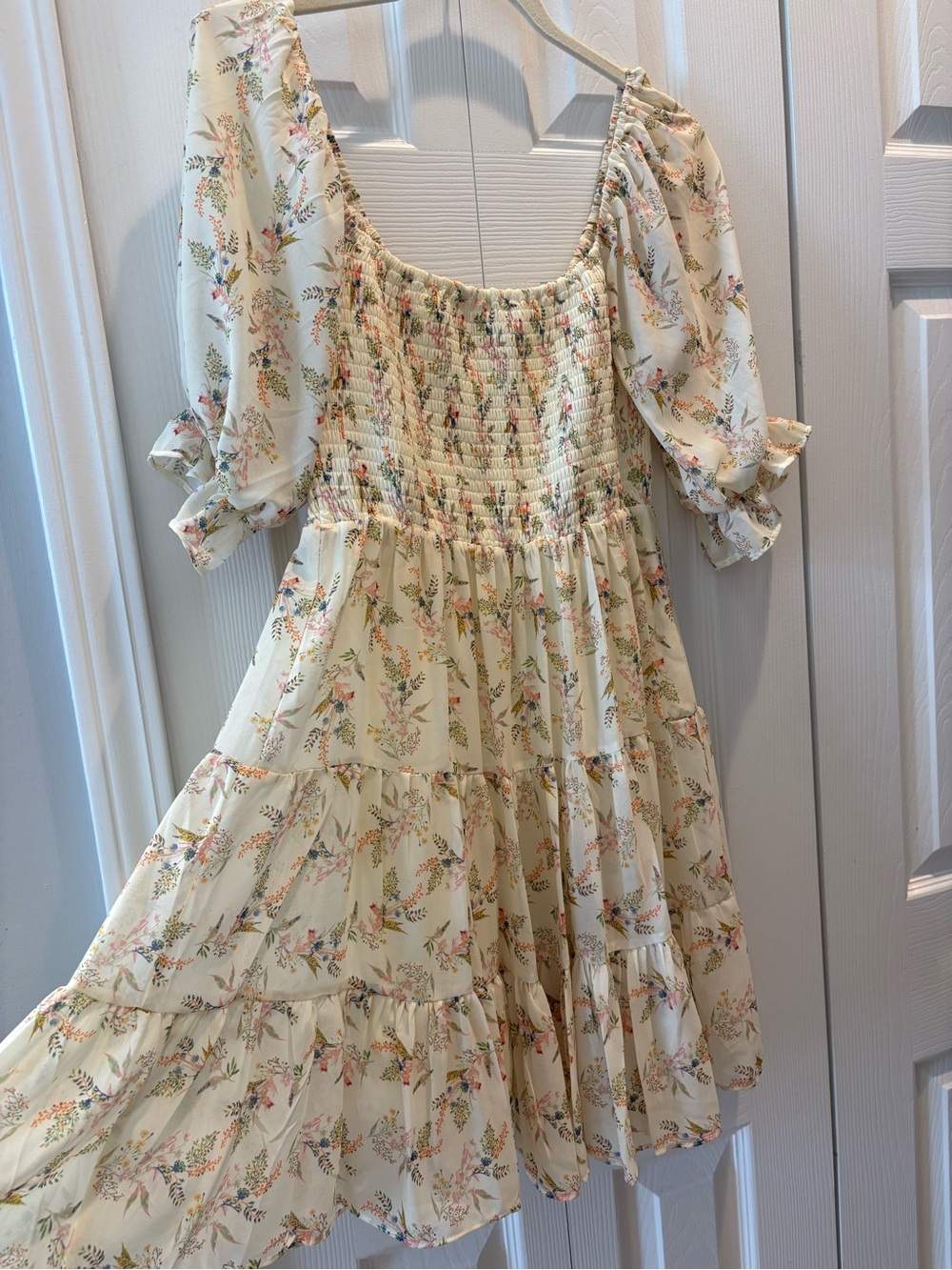 Flying Tomato Cream Floral Smocked Mini Dress